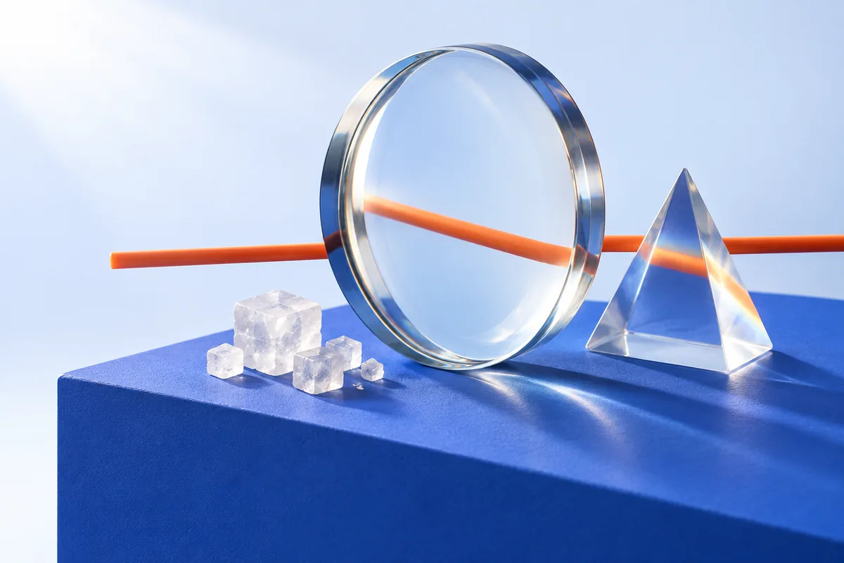 An optical lens, prism and salt crystals on a blue platform. AI-created editorial illustration.