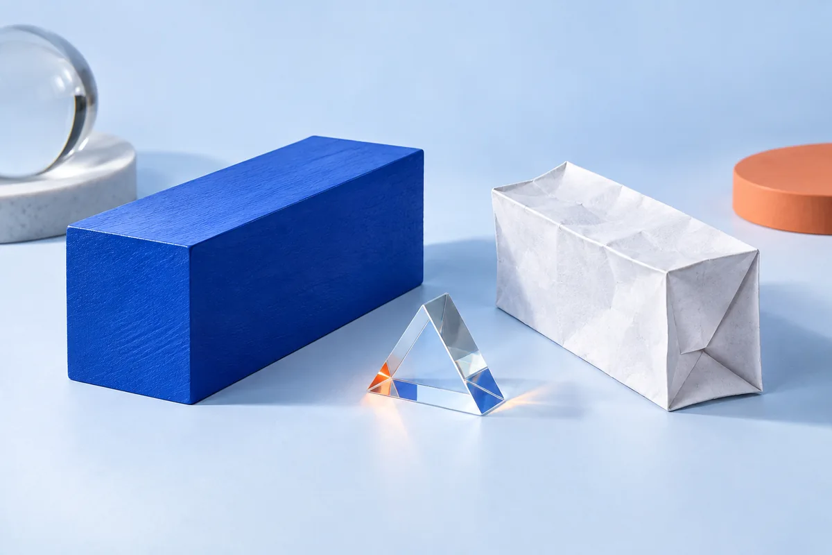 A solid blue model beside a folded-paper imitation. AI-created editorial illustration.